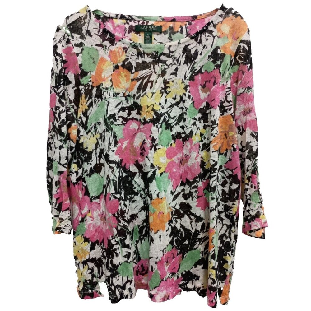 Lauren Ralph Lauren Womens‎ Linen Sweater Large Petite Floral 3/4 Sleeve Preppy
